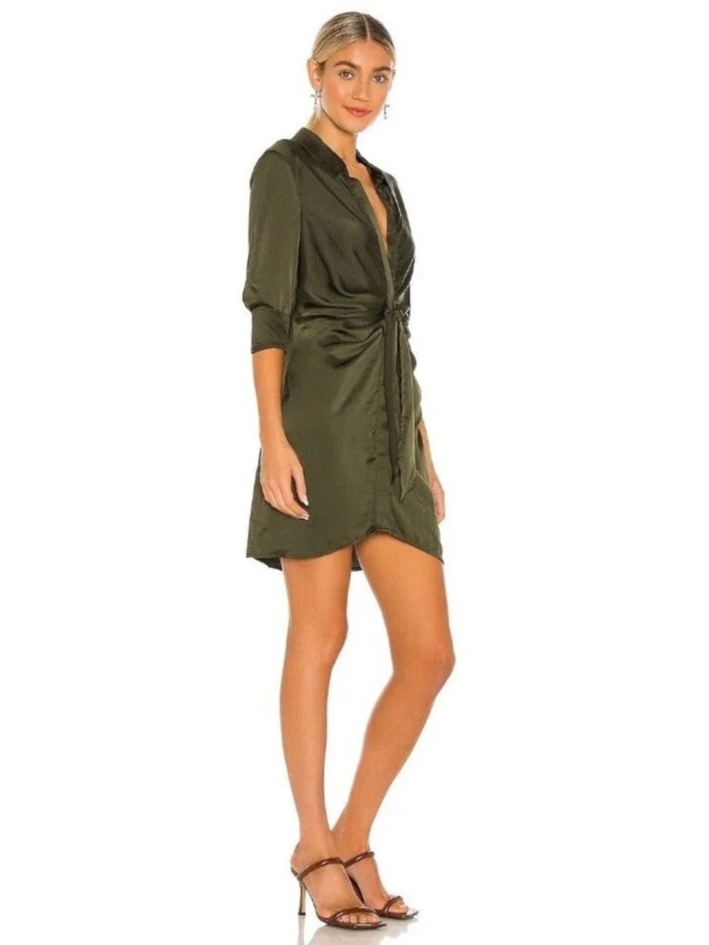 Steve Madden Green Button-Down LongSleeve Tie-Waist Collared Mini Shirt Dress
